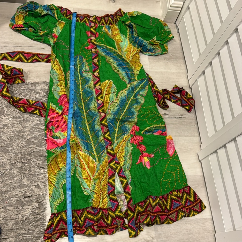 FARM Rio NWT Banana Leaves Off the Shoulder Midi Dress W/Belt and Puff Sleeves. - Picture 14 of 14